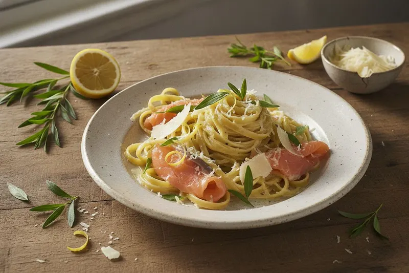 Graavikirjolohipasta sitruunalla ja rakuunalla