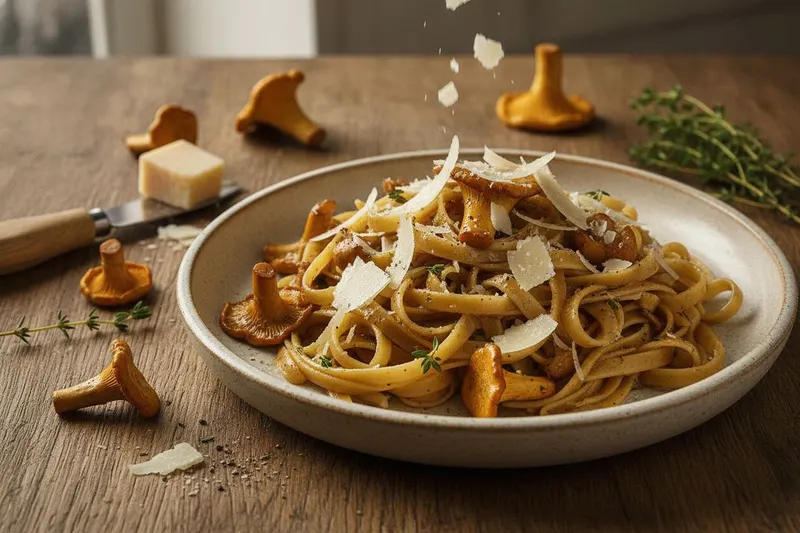 Kantarellipasta ruskistetulla voilla