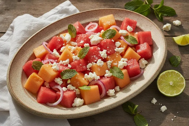 Kesäinen melonisalaatti mintulla ja fetalla